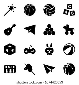 Solid vector icon set - Magic wand vector, basketball ball, volleyball, abc cube, guitar, paper plane, billiards balls, wheel horse, toy, gamepad, rabbit, beach, piano, unicorn stick
