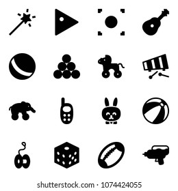 Solid vector icon set - Magic wand vector, play, record button, guitar, ball, billiards balls, wheel horse, xylophone, elephant, phone toy, rabbit, beach, yoyo, bones, football, water gun