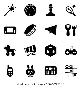 Solid vector icon set - Magic wand vector, basketball ball, pawn, badminton, game console, tambourine, paper plane, shovel fork toy, wheel horse, xylophone, cube, gamepad, phone, rabbit, piano