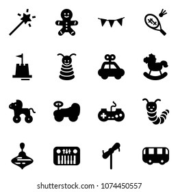 Solid vector icon set - Magic wand vector, cake man, flag garland, badminton, sand castle, pyramid toy, car, rocking horse, wheel, baby, gamepad, caterpillar, wirligig, piano, windmill, bus