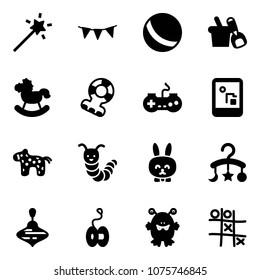 Solid vector icon set - Magic wand vector, flag garland, ball, shovel bucket, rocking horse, teethers, gamepad, game console, toy, caterpillar, rabbit, baby carousel, wirligig, yoyo, monster