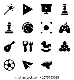 Solid vector icon set - Magic wand vector, play, presentation board, chess queen, pawn, ball, record button, joystick, guitar, shovel fork toy, rocking horse, billiards balls, soccer, paper plane