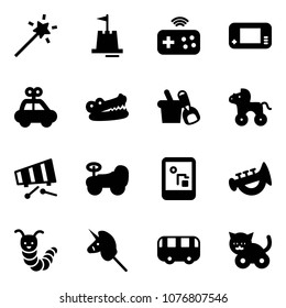 Solid vector icon set - Magic wand vector, sand castle, joystick wireless, game console, car toy, crocodile, shovel bucket, wheel horse, xylophone, baby, horn, caterpillar, unicorn stick, bus, cat