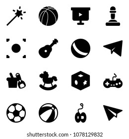 Solid vector icon set - Magic wand vector, basketball ball, presentation board, pawn, record button, guitar, paper plane, shovel bucket, rocking horse, cube toy, gamepad, soccer, beach, yoyo