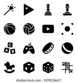 Solid vector icon set - Magic wand vector, play, chess queen, pawn, ball, volleyball, playback, record button, abc cube, joystick, tambourine, rocking horse, toy, bones, Tic tac toe