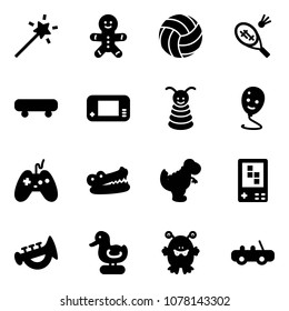Solid vector icon set - Magic wand vector, cake man, volleyball, badminton, skateboard, game console, pyramid toy, balloon smile, joystick, crocodile, dinosaur, horn, duck, monster, car