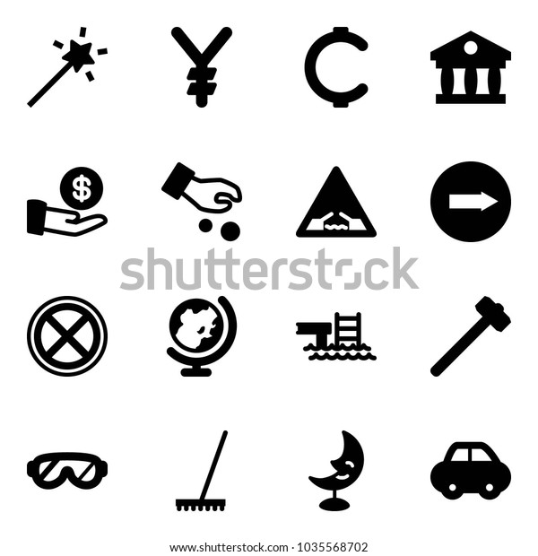 Solid vector icon set - Magic wand vector, yen, cent,\
bank, investment, drawbridge road sign, only right, no stop, globe,\
pool, sledgehammer, protective glasses, rake, moon lamp,\
car