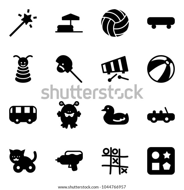 Solid vector icon set - Magic wand vector,\
inflatable pool, volleyball, skateboard, pyramid toy, horse stick,\
xylophone, beach ball, bus, monster, duck, car, cat, water gun, Tic\
tac toe, cube hole
