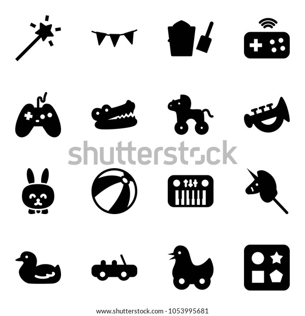 Solid\
vector icon set - Magic wand vector, flag garland, bucket scoop,\
joystick wireless, crocodile, wheel horse, horn toy, rabbit, beach\
ball, piano, unicorn stick, duck, car, cube\
hole