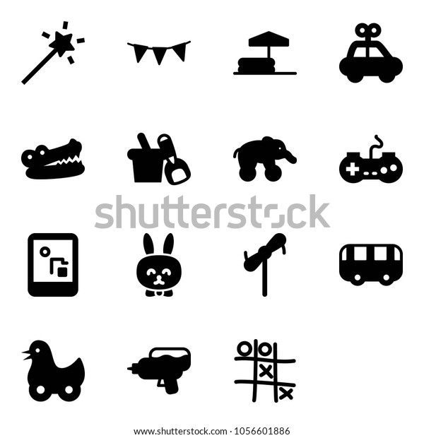 Solid
vector icon set - Magic wand vector, flag garland, inflatable pool,
car toy, crocodile, shovel bucket, elephant wheel, gamepad, game
console, rabbit, windmill, bus, duck, water
gun