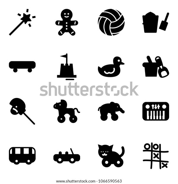 Solid\
vector icon set - Magic wand vector, cake man, volleyball, bucket\
scoop, skateboard, sand castle, duck toy, shovel, horse stick,\
wheel, elephant, piano, bus, car, cat, Tic tac\
toe