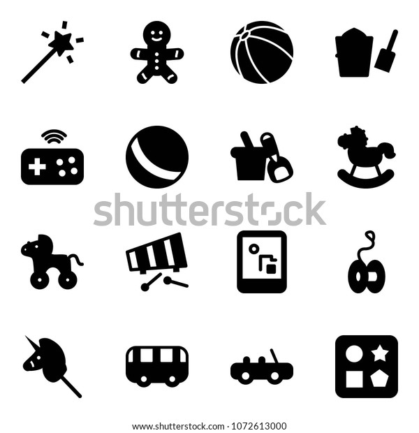 Solid vector icon set - Magic wand vector, cake man,\
ball, bucket scoop, joystick wireless, shovel, rocking horse,\
wheel, xylophone, game console, yoyo, toy unicorn stick, bus, car,\
cube hole