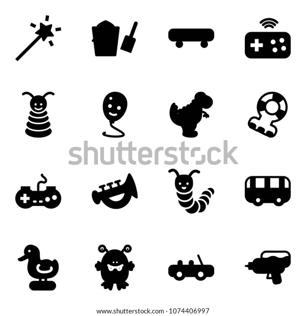 Solid vector icon set - Magic wand vector, bucket\
scoop, skateboard, joystick wireless, pyramid toy, balloon smile,\
dinosaur, teethers, gamepad, horn, caterpillar, bus, duck, monster,\
car, water gun