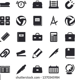 Solid vector icon set - magnet flat vector, dividers, calendar, calculator, briefcase, notebook, abacus, pencil, pen, stapler, textbook, volleyball, clip, alarm clock, book, globe