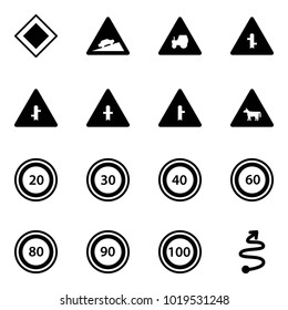 Solid vector icon set - main road vector sign, climb, tractor way, intersection, cow, speed limit 20, 30, 40, 60, 80, 90, 100, trip
