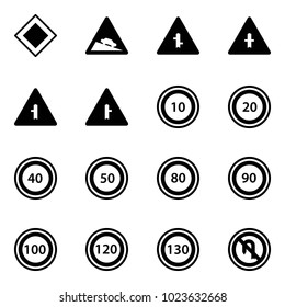 Solid vector icon set - main road vector sign, steep descent, intersection, speed limit 10, 20, 40, 50, 80, 90, 100, 120, 130, no turn back