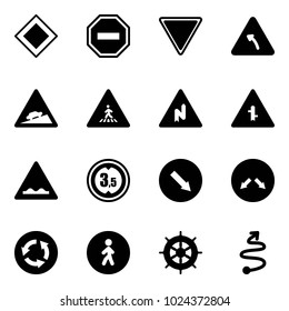 Solid vector icon set - main road vector sign, no way, giving, turn left, climb, pedestrian, abrupt right, intersection, rough, limited height, detour, circle, hand wheel, trip