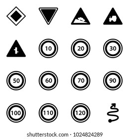 Solid vector icon set - main road vector sign, giving way, steep descent, tractor, intersection, speed limit 10, 20, 30, 50, 60, 70, 90, 100, 110, 120, trip