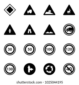 Solid vector icon set - main road vector sign, tractor way, steep roadside, wild animals, intersection, narrows, rough, no truck, speed limit 30, 50, 100, 120, 130, only forward right, circle