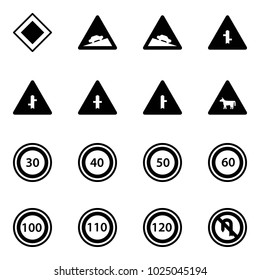 Solid vector icon set - main road vector sign, climb, steep descent, intersection, cow, speed limit 30, 40, 50, 60, 100, 110, 120, no turn back