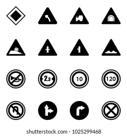 Solid vector icon set - main road vector sign, turn left, tractor way, tunnel, steep roadside, intersection, rough, no horn, limited width, speed limit 10, 120, back, only forward right, stop