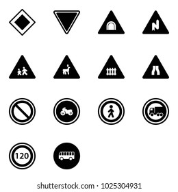 Solid vector icon set - main road vector sign, giving way, tunnel, abrupt turn right, children, wild animals, railway intersection, narrows, prohibition, no moto, pedestrian, truck, speed limit 120