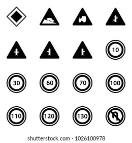 Solid vector icon set - main road vector sign, steep descent, tractor way, intersection, speed limit 10, 30, 60, 70, 100, 110, 120, 130, no turn back