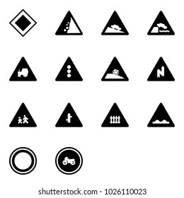 Solid vector icon set - main road vector sign, landslide, steep descent, embankment, tractor way, traffic light, roadside, abrupt turn right, children, intersection, railway, rough, prohibition