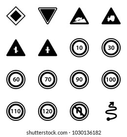 Solid vector icon set - main road vector sign, giving way, climb, tractor, intersection, speed limit 10, 30, 60, 70, 90, 100, 110, 120, no turn back, trip