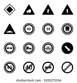 Solid vector icon set - main road vector sign, tractor way, intersection, artificial unevenness, speed limit 40, 50, no dangerous cargo, overtake, truck, tax peage, detour, end minimal