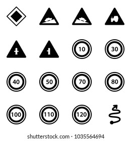 Solid vector icon set - main road vector sign, climb, steep descent, tractor way, intersection, speed limit 10, 30, 40, 50, 70, 80, 100, 110, 120, trip