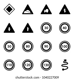 Solid vector icon set - main road vector sign, steep descent, tractor way, intersection, speed limit 30, 40, 50, 80, 90, 100, 110, 120, 130, trip