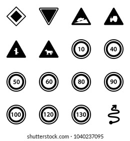 Solid vector icon set - main road vector sign, giving way, climb, tractor, intersection, cow, speed limit 10, 40, 50, 60, 80, 90, 100, 120, 130, trip