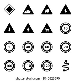 Solid vector icon set - main road vector sign, steep descent, tractor way, intersection, cow, speed limit 10, 30, 40, 60, 70, 100, 110, 120, trip