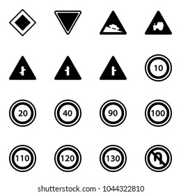 Solid vector icon set - main road vector sign, giving way, steep descent, tractor, intersection, speed limit 10, 20, 40, 90, 100, 110, 120, 130, no turn back