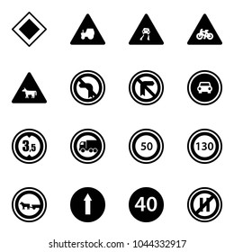 Solid vector icon set - main road vector sign, tractor way, slippery, for moto, cow, no left turn, car, limited height, truck, speed limit 50, 130, cart horse, only forward, minimal, parking even