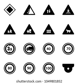 Solid vector icon set - main road vector sign, landslide, oncoming traffic, pedestrian, children, railway intersection, cow, limited height, no truck, speed limit 40, 70, 80, 90, 100