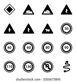 Solid vector icon set - main road vector sign, climb, steep descent, intersection, cow, speed limit 30, 40, 60, 80, 90, 110, 130, no turn back, trip