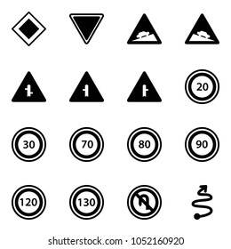 Solid vector icon set - main road vector sign, giving way, climb, steep descent, intersection, speed limit 20, 30, 70, 80, 90, 120, 130, no turn back, trip