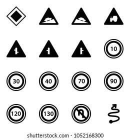 Solid vector icon set - main road vector sign, climb, steep descent, tractor way, intersection, speed limit 10, 30, 40, 70, 90, 120, 130, no turn back, trip