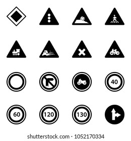 Solid vector icon set - main road vector sign, traffic light, steep roadside, pedestrian, railway intersection, gravel, for moto, prohibition, no, speed limit 40, 60, 120, 130, only forward right