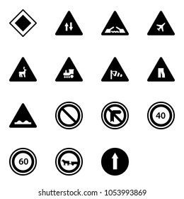 Solid vector icon set - main road vector sign, oncoming traffic, drawbridge, airport, wild animals, railway intersection, side wind, narrows, rough, prohibition, speed limit 40, 60, no cart horse