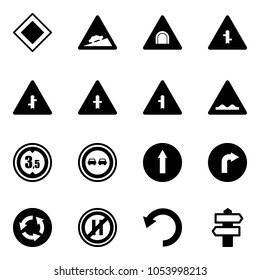 Solid vector icon set - main road vector sign, climb, tunnel, intersection, rough, limited height, no overtake, only forward, right, circle, parking even, undo, signpost