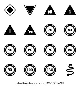 Solid vector icon set - main road vector sign, giving way, tractor, intersection, cow, speed limit 20, 40, 50, 60, 70, 80, 90, 100, 130, trip