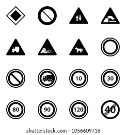 Solid vector icon set - main road vector sign, prohibition, oncoming traffic, embankment, tractor way, gravel, cow, no truck, speed limit 10, 30, 80, 90, 120, end