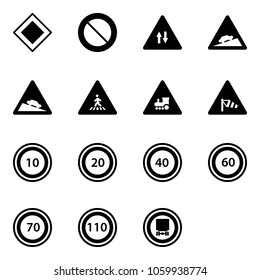 Solid vector icon set - main road vector sign, prohibition, oncoming traffic, climb, steep descent, pedestrian, railway intersection, side wind, speed limit 10, 20, 40, 60, 70, 110