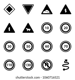 Solid vector icon set - main road vector sign, giving way, steep descent, intersection, cow, speed limit 10, 20, 30, 50, 60, 70, 110, 130, no turn back, trip