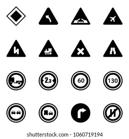 Solid vector icon set - main road vector sign, turn left, drawbridge, airport, railway intersection, narrows, no trailer, limited width, speed limit 60, 130, overtake, truck, only right