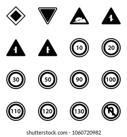 Solid vector icon set - main road vector sign, giving way, climb, intersection, speed limit 10, 20, 30, 50, 90, 100, 110, 120, 130, no turn back
