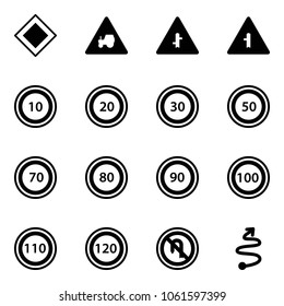 Solid vector icon set - main road vector sign, tractor way, intersection, speed limit 10, 20, 30, 50, 70, 80, 90, 100, 110, 120, no turn back, trip